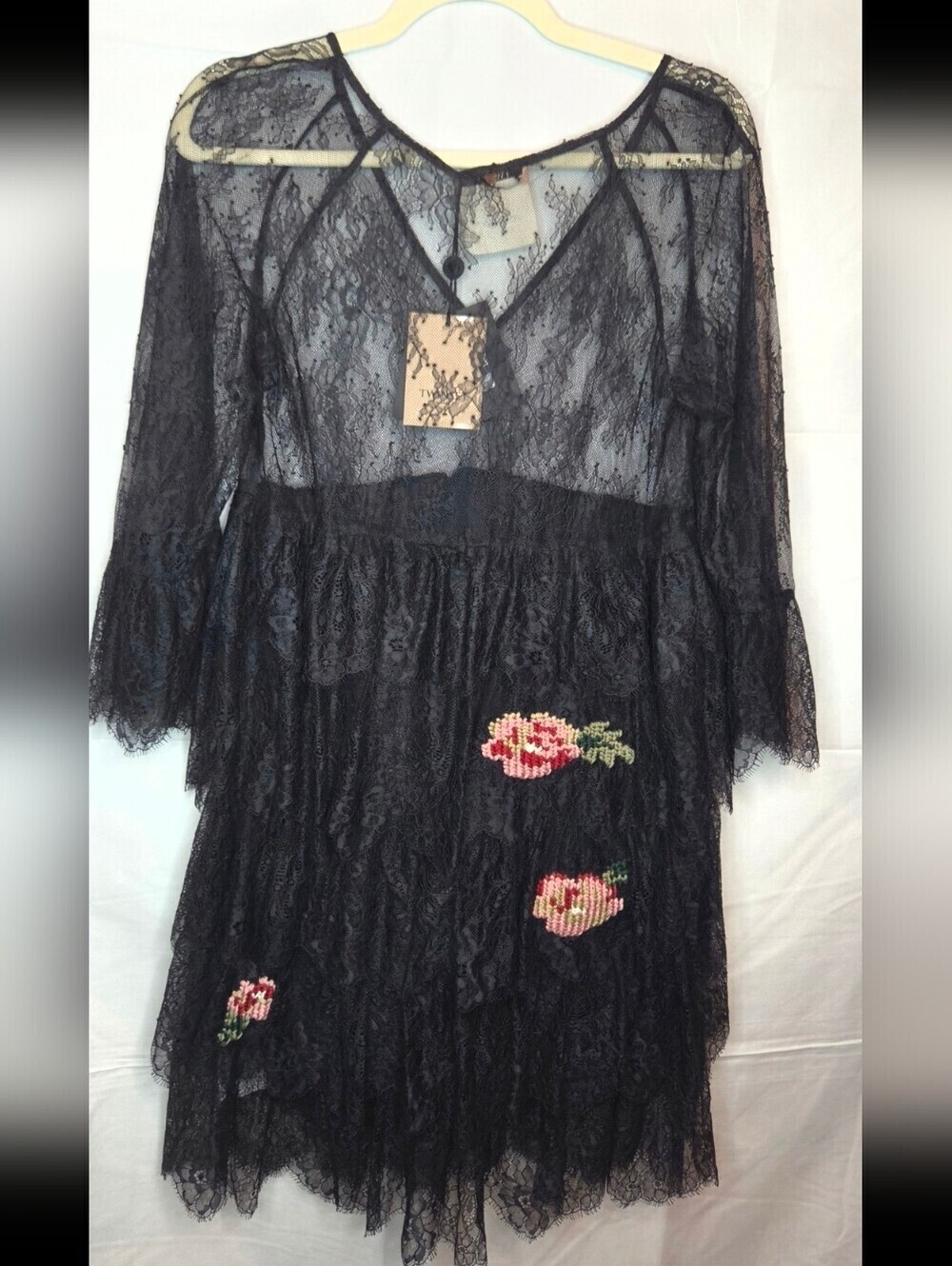 TWINSET Milano Black Sheer Lace Tiered Dress Floral Embroidered - SHELL ONLY